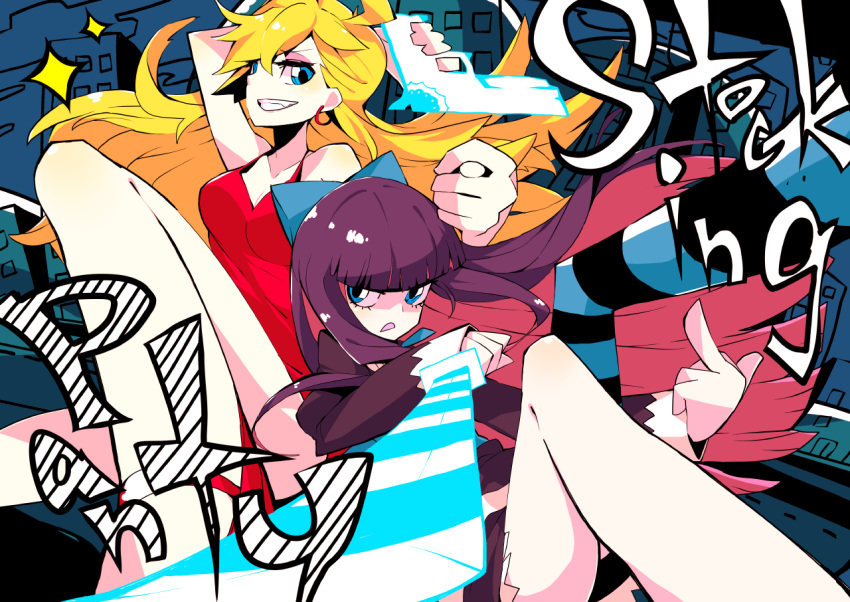 bad_id blonde_hair blue_eyes dress earrings grin gun jewelry koto_(kotocotton) long_hair middle_finger multicolored_hair multiple_girls open_mouth panty_&amp;_stocking_with_garterbelt panty_(character) panty_(psg) single_thighhigh smile stocking_(character) stocking_(psg) striped striped_legwear striped_thighhighs sword thigh-highs thighhighs two-tone_hair weapon