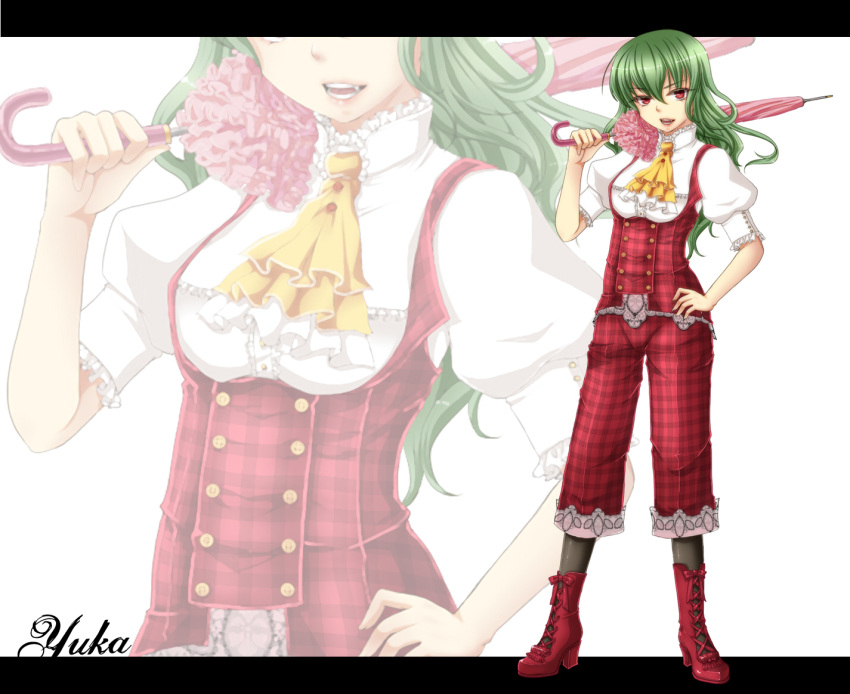 ascot blouse boots character_name closed_umbrella cross-laced_footwear fang geike green_hair hand_on_hip kazami_yuuka kazami_yuuka_(pc-98) lace-up_boots letterboxed lipstick long_hair over_shoulder pants pantyhose parasol plaid plaid_pants puffy_sleeves red_eyes solo touhou touhou_(pc-98) umbrella zoom_layer