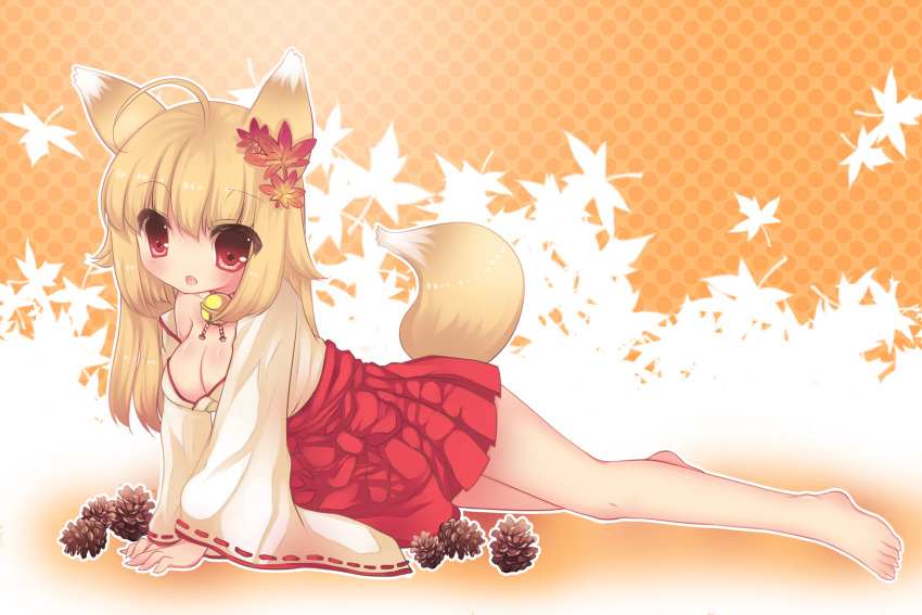 autumn barefoot blonde_hair breasts cleavage duji_amo fox_ears fox_tail highres japanese_clothes original red_eyes short_hair solo tail