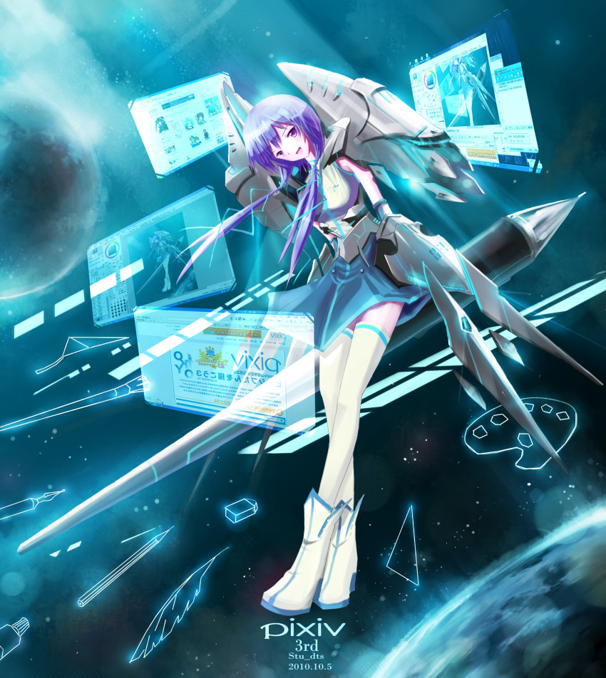 boots highres open_mouth pixiv pixiv-tan planet purple_eyes purple_hair short_hair solo space star stu_dts violet_eyes wings