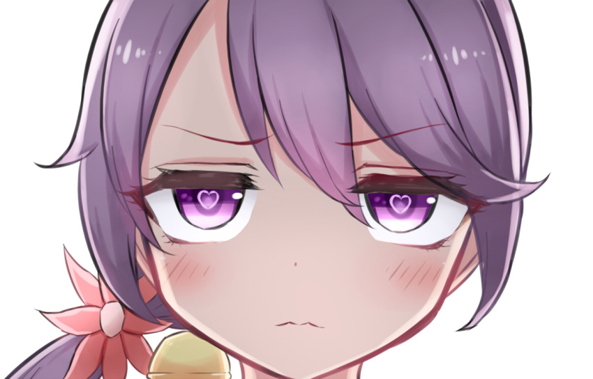 1girl akebono_(kantai_collection) bell blush commentary_request flat_gaze flower hair_bell hair_between_eyes hair_flower hair_ornament heart heart-shaped_pupils jitome kantai_collection long_hair looking_at_viewer neit_ni_sei purple_hair side_ponytail symbol-shaped_pupils very_long_hair violet_eyes