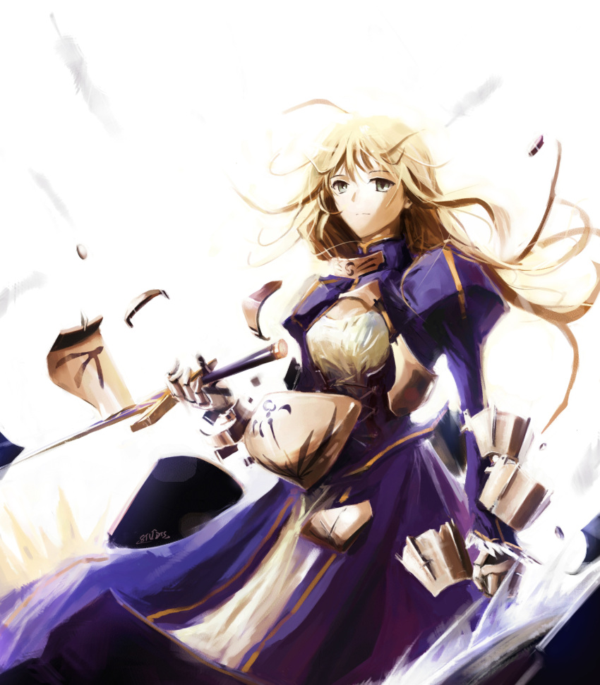 armor armored_dress blonde_hair breastplate broken_armor dress excalibur fate/stay_night fate_(series) highres long_hair saber solo stu_dts sword vambraces weapon