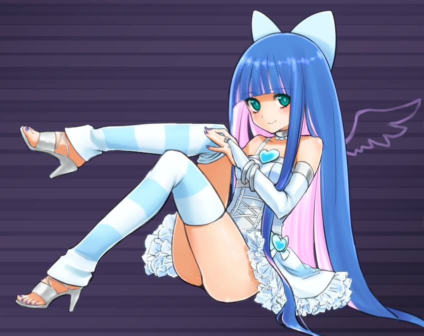 blue_hair bow green_eyes hair_bow irimo long_hair multicolored_hair panties panty_&amp;_stocking_with_garterbelt sitting smile solo stocking_(character) stocking_(psg) striped striped_legwear striped_thighhighs thigh-highs thighhighs two-tone_hair underwear