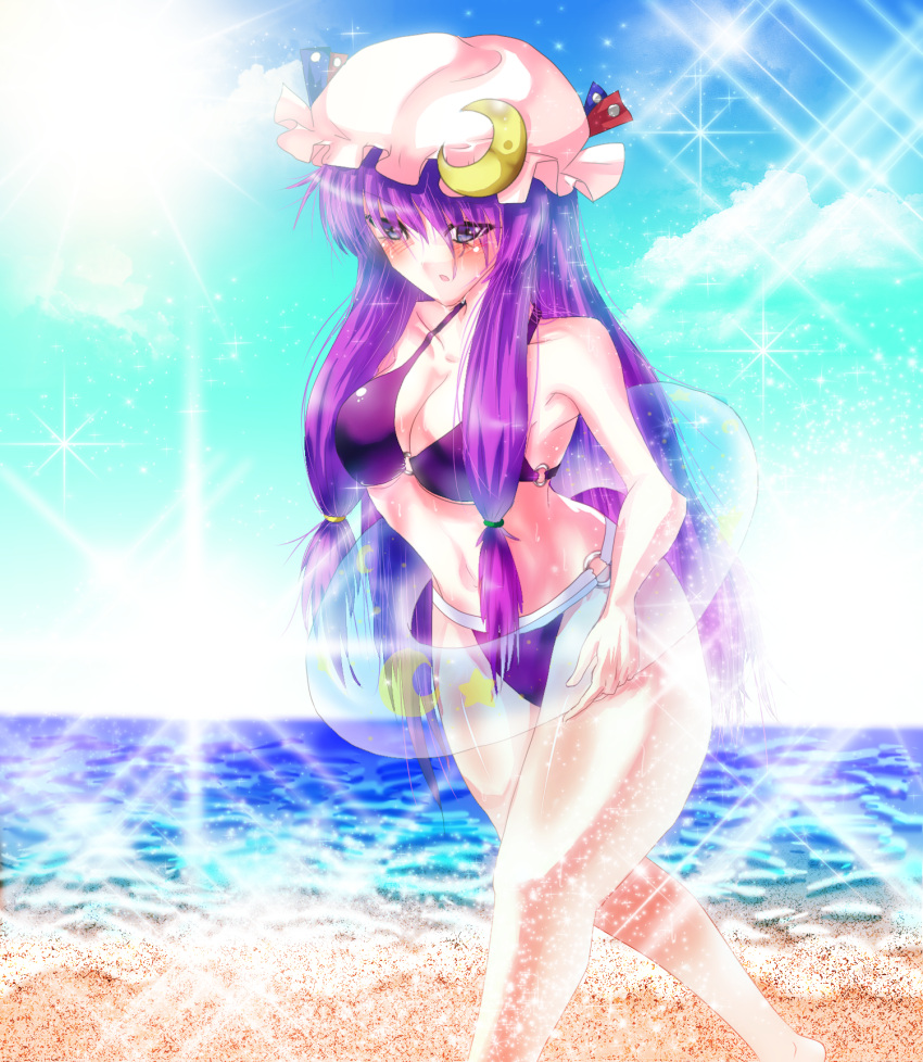 1girl bad_anatomy beach bikini blush hat innertube long_hair patchouli_knowledge purple_hair solo sousakubito swimsuit touhou violet_eyes