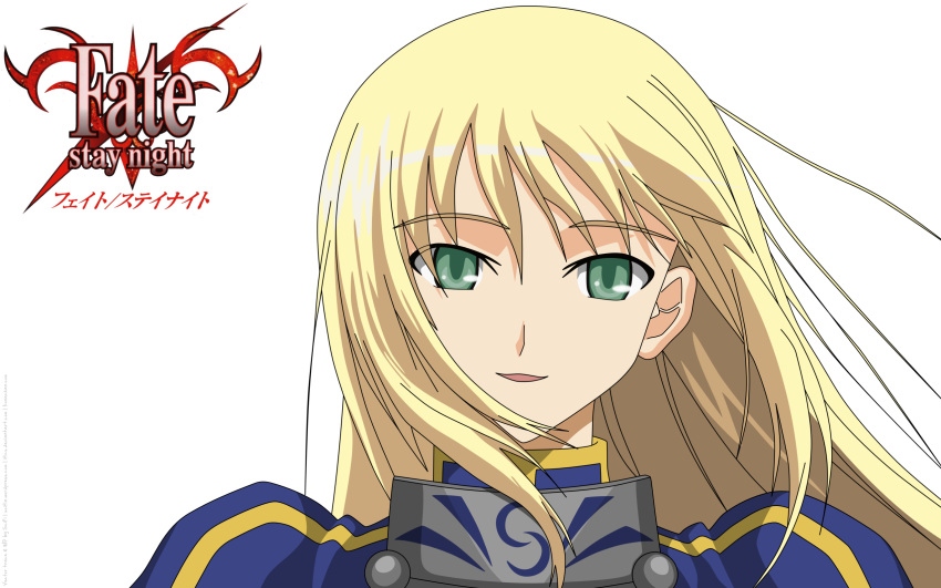 1girl blonde_hair close-up copyright_name fate/stay_night fate_(series) green_eyes hair_down juliet_sleeves logo saber transparent vector wallpaper
