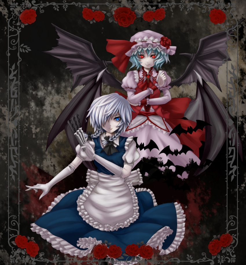 bat_wings blue_eyes braid emerane gloves hat highres izayoi_sakuya knife maid maid_headdress merutoreimu multiple_girls red_eyes remilia_scarlet short_hair silver_hair touhou twin_braids wings