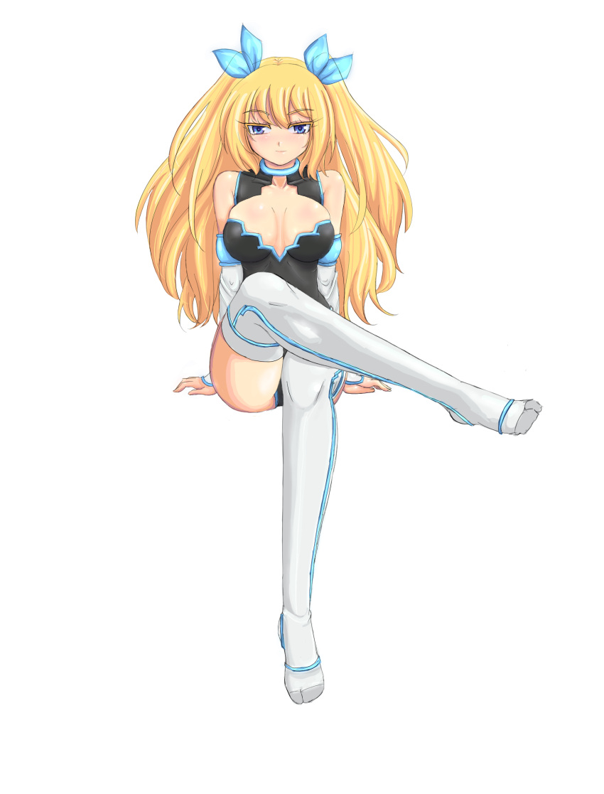 bare_shoulders blonde_hair blue_eyes breast_squeeze breasts cleavage crossed_legs detached_sleeves ga_no_kitsune hair_ribbon highres large_breasts leotard long_hair microsoft os ribbon silverlight sitting smile solo thigh-highs thighhighs
