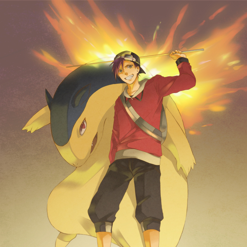 1boy backwards_hat bag black_hair cue_stick fang fire goggles goggles_on_head gold_(pokemon) grin hat highres hoodie male pokemon pokemon_(creature) pokemon_(game) pokemon_gsc pokemon_special red_eyes short_hair smile stick t-r-g typhlosion