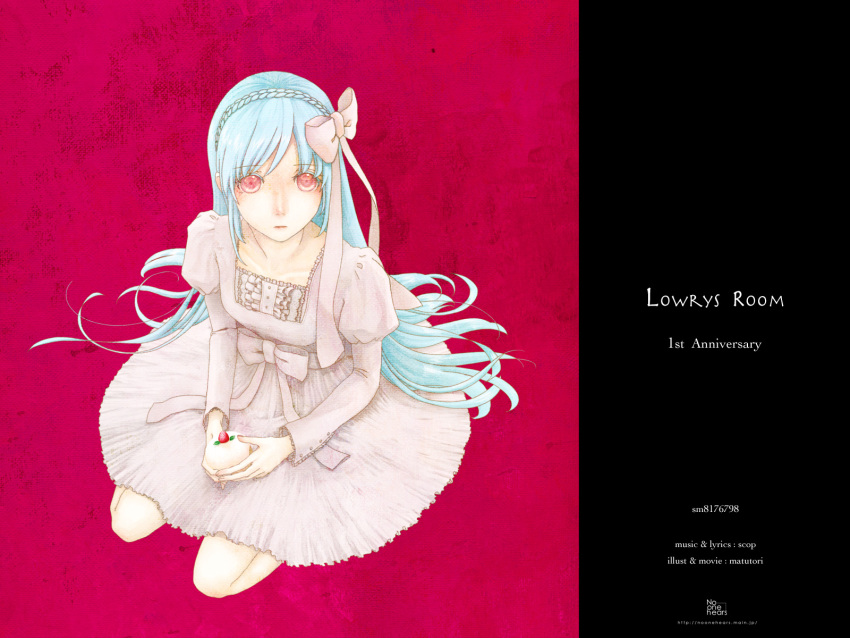 alternate_hairstyle bad_id blue_hair cake dress food from_above hair_ribbon hairband hatsune_miku highres long_hair lowry's_room_(vocaloid) lowry's_room_(vocaloid) onohana red_eyes ribbon seiza sitting solo very_long_hair vocaloid