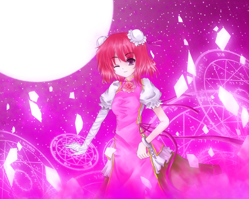 bandages bow breasts broken_glass chain chinese_clothes cuff double_bun dusk/dawn flower hair_ornament ibara_kasen magic_circle moon pink pink_eyes pink_hair ribbon rose short_hair skirt smile solo star touhou wink