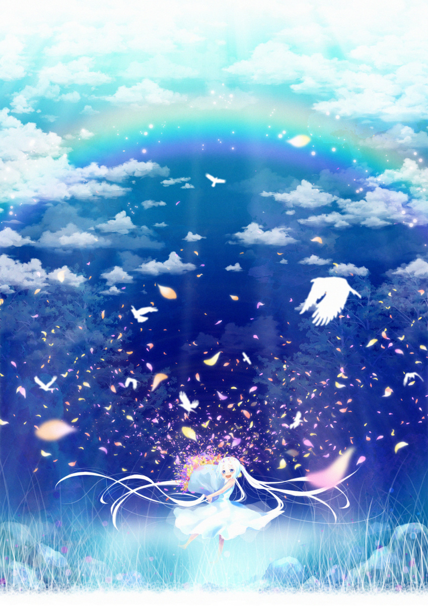 bird blue_eyes bouquet cloud clouds dress flower happy highres long_hair nekotama_(artist) open_mouth original petals rainbow silver_hair sky smile solo twintails very_long_hair