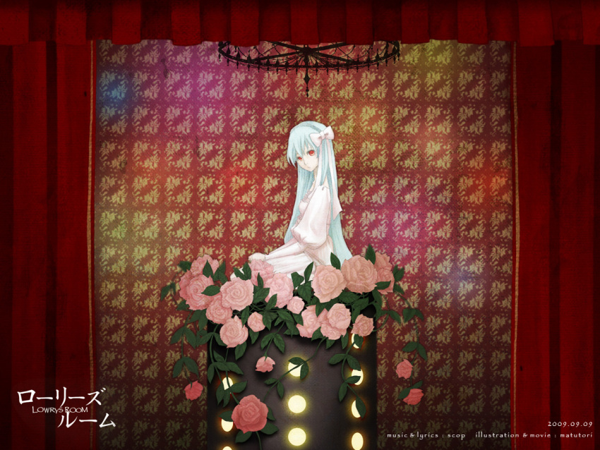 alternate_hairstyle bad_id blue_hair chandelier curtains dress flower hair_ribbon hairband hatsune_miku long_hair lowry's_room_(vocaloid) lowry's_room_(vocaloid) onohana pink_rose red_eyes ribbon rose seiza sitting solo very_long_hair vocaloid