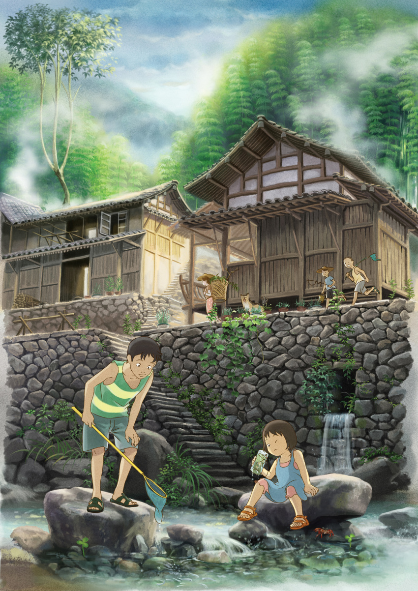 basket brown_hair child cloud clouds crab dog dress east_asian_architecture fishing_net fishing_rod forest grass highres house multiple_girls nature original plant potted_plant rock running rural sandals shite_kudasai shorts sitting sky stairs standing stone_wall striped tank_top tree wall water waterfall