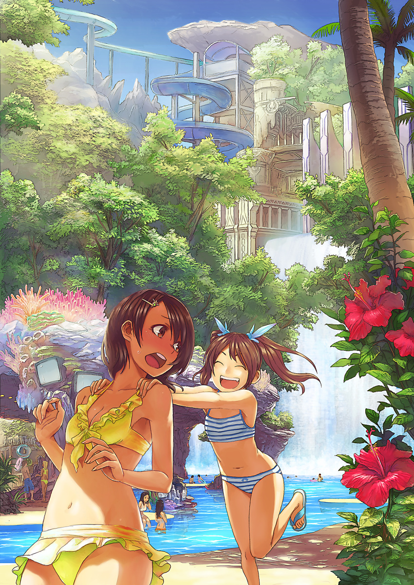 :d ^_^ bikini brown_eyes brown_hair closed_eyes flower guchico hair_ornament hairclip hands hands_on_shoulders hibiscus highres long_hair molze multiple_girls muted_color open_mouth original pool pushing sandals scenery short_hair slide smile swimsuit twintails