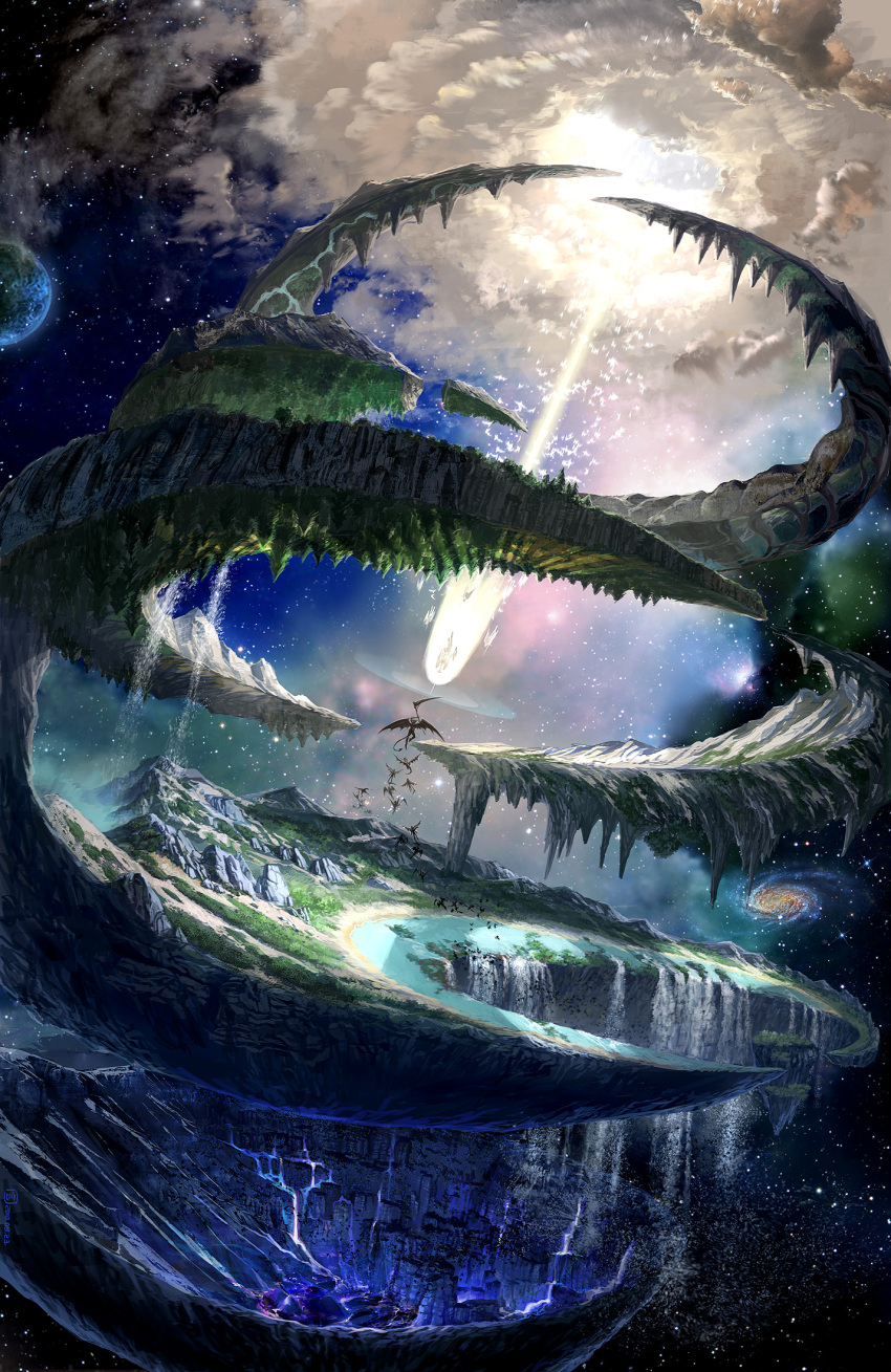 angel_and_devil cloud clouds demon devil epic galaxy heaven hell highres landscape moon mugon nature original planet scenery scythe space war water waterfall wings