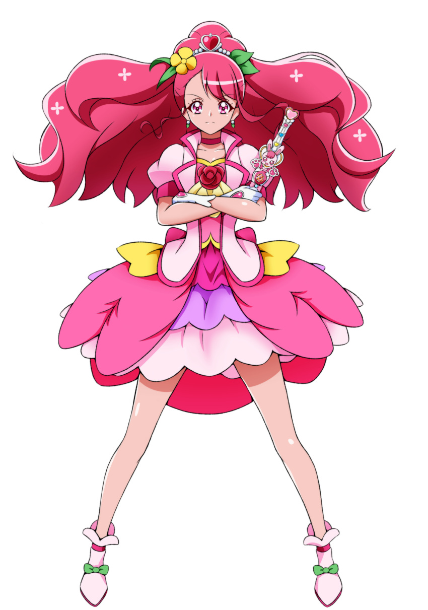 1girl back_bow bow choker closed_mouth crossed_arms cure_grace earrings flower footwear_bow full_body gloves green_bow gunbuster_pose hair_bun hair_flower hair_ornament hanadera_nodoka healin'_good_precure healing_wand heart heart_hair_ornament highres holding holding_wand jewelry layered_skirt legs_apart long_hair looking_at_viewer magical_girl on_kazu pink_bow pink_choker pink_eyes pink_hair pink_skirt precure puffy_sleeves purple_skirt rabirin_(precure) red_flower red_rose rose serious shiny shiny_skin shoes simple_background skirt solo standing wand white_background white_footwear white_gloves white_skirt