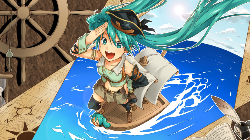 aqua_eyes aqua_hair from_above hat hatsune_miku highres junji long_hair navel pirate pirate_hat ship smile solo twintails very_long_hair vocaloid