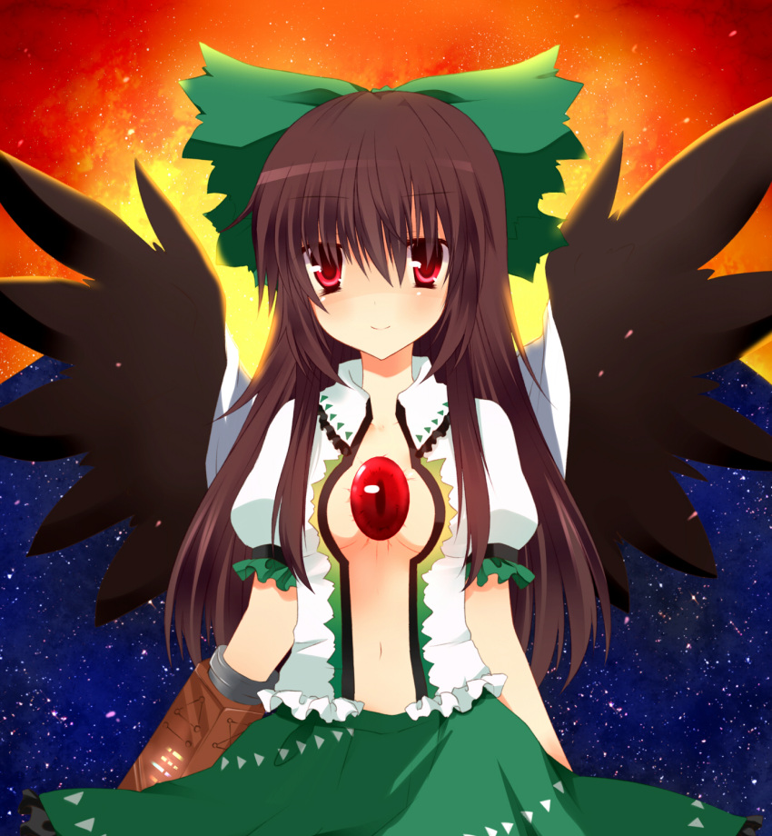 bow brown_hair cape emyu hair_bow highres long_hair navel no_bra open_clothes open_shirt red_eyes reiuji_utsuho shirt solo third_eye touhou weapon wings