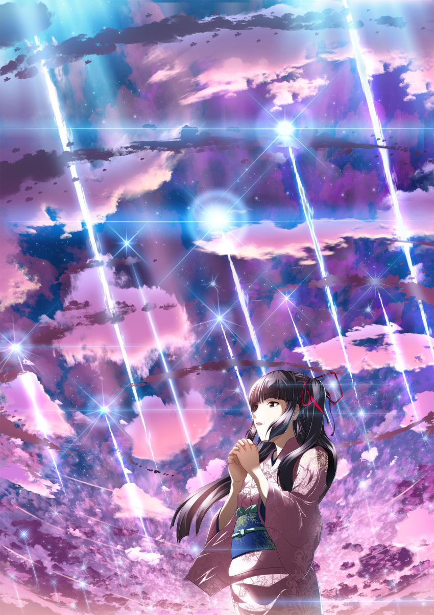 black_hair bow cloud clouds hair_bow hair_ribbon hands_clasped highres japanese_clothes kimono long_hair open_mouth original red_eyes ribbon sky skyt2 solo tears twintails