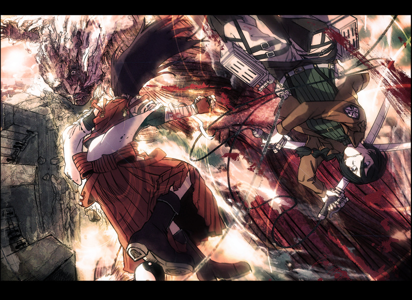 132 3dmg absurdres bandages battle black_hair blood blue_eyes boots braid cable colossal_titan crossover detached_sleeves dual_wielding fighting_stance giant hakama highres jacket japanese_clothes long_hair m.u.g.e.n nontraditional_miko original scar sendai_hakurei_no_miko shingeki_no_kyojin single_braid sword thigh-highs thigh_boots torn_clothes touhou upside-down weapon wide_sleeves yin_yang