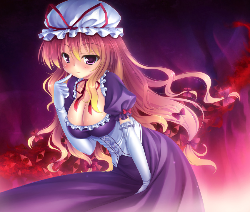 blonde_hair blush breasts choker cleavage corset elbow_gloves eyes gloves hair_ribbon hat highres long_hair purple_eyes ribbon solo takeponi touhou violet_eyes yakumo_yukari