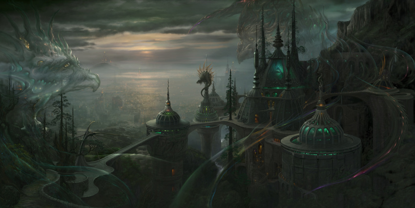 building cityscape cloud creature dark fantasy highres no_humans original scenery ucchiey