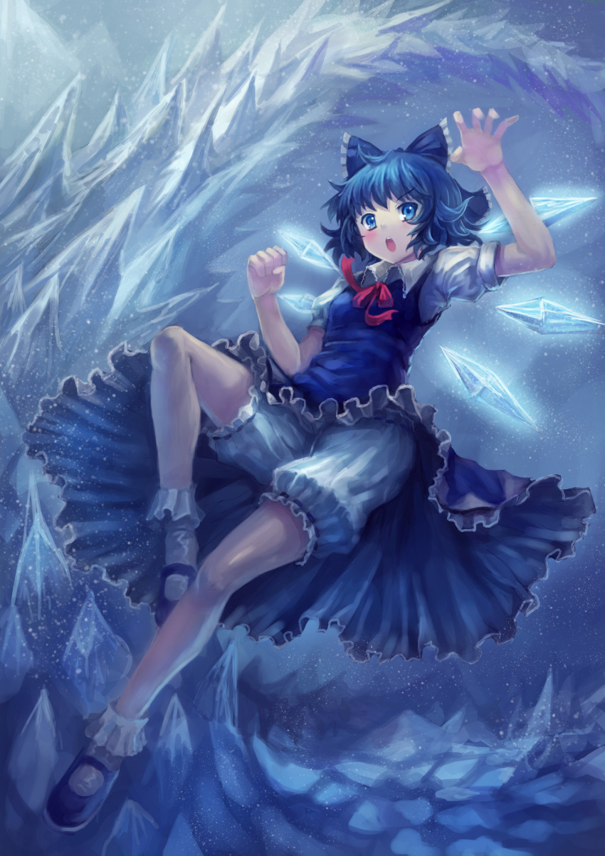 absurdres bloomers blue blue_eyes blue_hair blush bow cirno dress hair_bow hands highres ice mary_janes open_mouth oto_taku shoes short_hair snow solo spikes touhou upskirt wings yinzhai