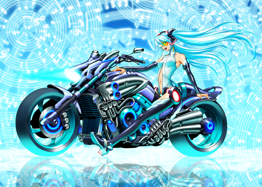 absurdres aqua_hair elbow_gloves fingerless_gloves gloves green_eyes hatsune_miku hatsune_miku_(append) highres long_hair miku_append motor_vehicle motorcycle navel necktie neon_trim smile solo soukuu thigh-highs thighhighs twintails vehicle very_long_hair vocaloid vocaloid_append yamaha