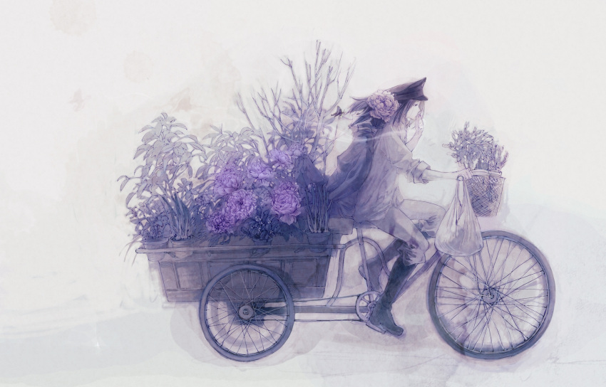 back-to-back bicycle boots china_(hetalia) dual_persona flower genderswap hair_flower hair_ornament hat highres monochrome muted_color pocket_(fukuroko) sleeves_rolled_up smoking vehicle white