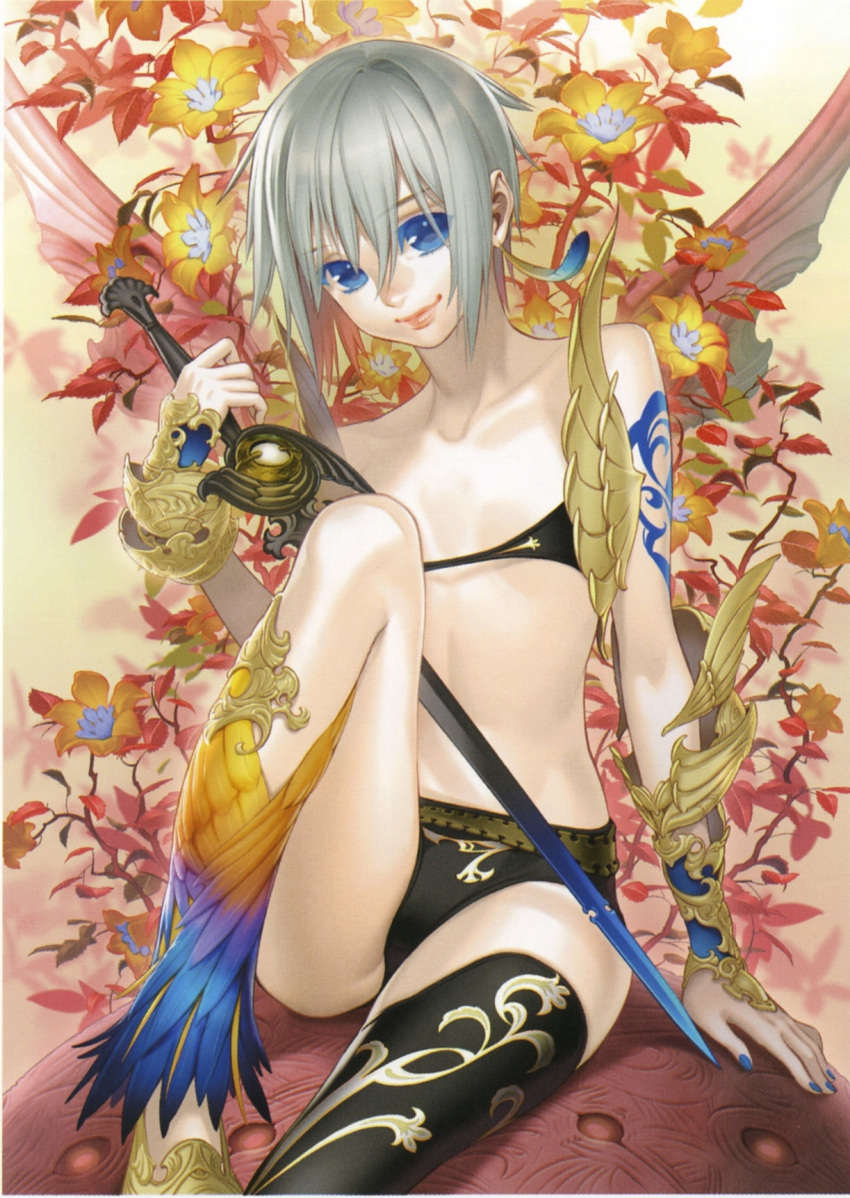 asymmetrical bikini blue_eyes flower highres mi(artist) short_hair smile swimsuit sword tattoo thigh-highs thighhighs weapon white_hair wings