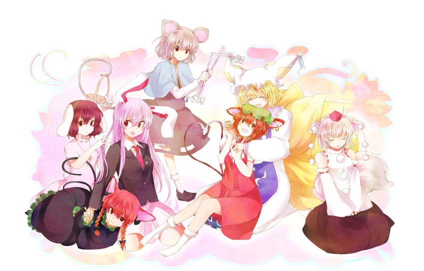 :3 adjusting_hair animal_ears bad_id basket braid braiding_hair brown_eyes brown_hair bunny_ears bunny_tail capelet cat_ears cat_tail chen closed_eyes detached_sleeves dowsing_rod dowsing_rods fox_ears fox_tail grey_hair hairdressing happy hat heart heart_tail highres holding_hands hug hug_from_behind inaba_tewi inubashiri_momiji kaenbyou_rin long_hair looking_at_viewer mouse mouse_ears mouse_tail multiple_girls nazrin pink_hair rabbit_ears red_eyes red_hair redhead reisen_udongein_inaba short_hair silver_hair surume_(artist) surumeri_(baneiro) tail tokin_hat touhou twin_braids wolf_ears wolf_tail yakumo_ran