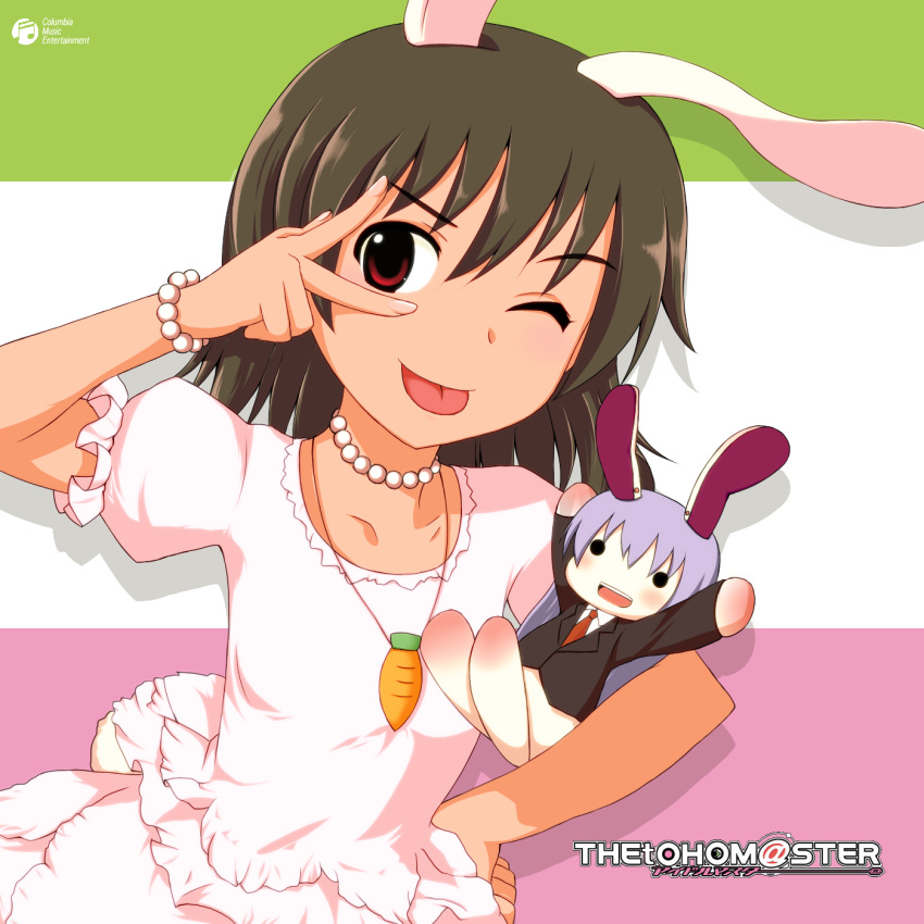 animal_ears blazer brown_hair bunny_ears bunny_tail carrot character_doll highres idolmaster inaba_tewi jewelry mikuru_beam multiple_girls necklace necktie parody pendant red_eyes reisen_udongein_inaba solo supuzawa tail tongue touhou wink