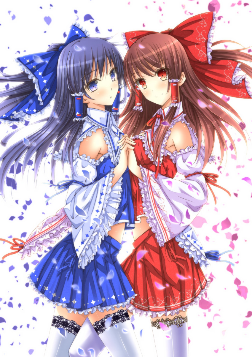 :o alternate_color bare_shoulders black_hair blue_eyes bow brown_hair detached_sleeves dual_persona embellished_costume frills hair_bow hakurei_reimu highres holding_hands japanese_clothes lace lace-trimmed_thighhighs long_hair midriff miko multiple_girls palette_swap petals player_2 red_eyes smile swordsouls symbol-shaped_pupils thigh-highs thighhighs touhou white_legwear white_thighhighs zettai_ryouiki