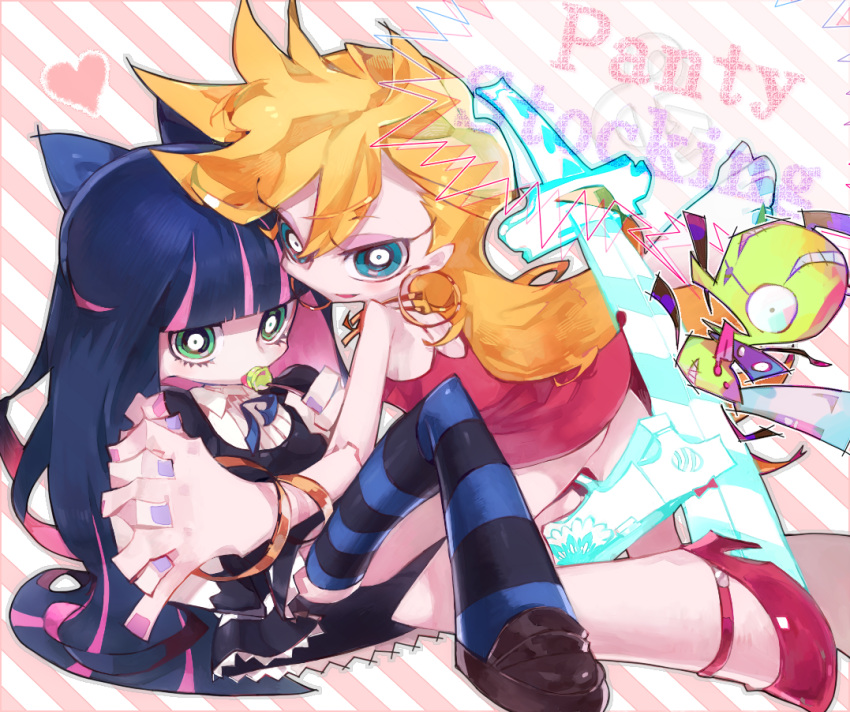 blonde_hair blue_eyes chuck_(psg) green_eyes kitaya long_hair multicolored_hair multiple_girls official_style panty_&amp;_stocking_with_garterbelt panty_(character) panty_(psg) stocking_(character) stocking_(psg) striped striped_legwear striped_thighhighs thigh-highs thighhighs two-tone_hair ya