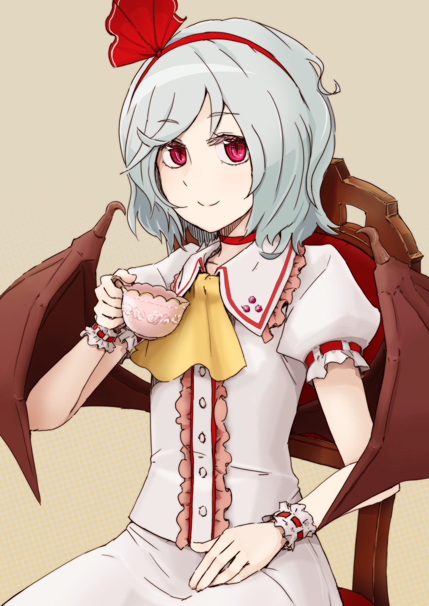 ascot bat_wings chair choker cup hairband halftone halftone_background highres no_hat no_headwear red_eyes remilia_scarlet short_hair silver_hair sitting slit_pupils smile solo tai0201 teacup touhou wings wrist_cuffs