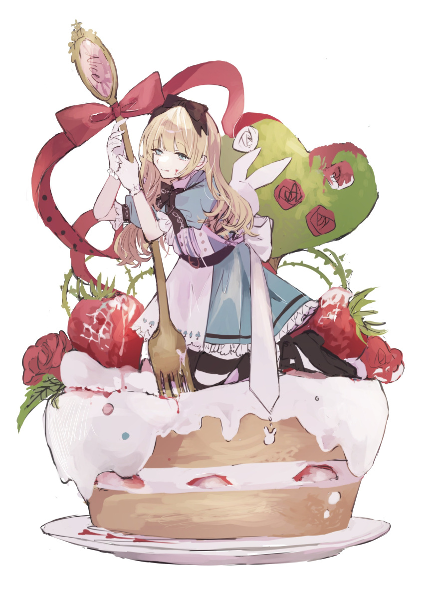 1girl absurdres alice_(alice_in_wonderland) alice_in_wonderland animal_bag bangs black_bow black_bowtie black_footwear blonde_hair blue_eyes bow bowtie bunny_bag bush cake commentary dress flower food fork frilled_dress frills fruit full_body gloves hair_bow highres holding holding_fork licking_lips long_hair looking_at_viewer mary_janes najimaru paint paint_splatter paint_splatter_on_face pantyhose plate puffy_short_sleeves puffy_sleeves red_flower red_rose rose shoes short_sleeves solo strawberry striped striped_legwear symbol-only_commentary thorns tongue tongue_out white_bag white_bow white_flower white_gloves white_rose