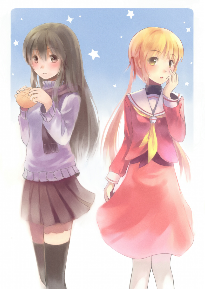 blonde_hair bread brown_eyes crossover food green_eyes hayate_no_gotoku! highres kugimiya_rie lino-lin long_hair melon_bread pantyhose sanzen'in_nagi scarf school_uniform seiyuu_connection seiyuu_joke shakugan_no_shana shana thigh-highs thighhighs twintails zettai_ryouiki