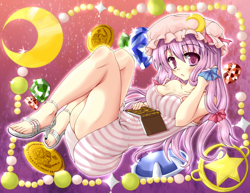 bare_legs book chemise crescent gem hand_in_hair hat high_heels hiiragi_tomoka legs long_hair looking_at_viewer patchouli_knowledge pink_hair purple_eyes purple_hair remilia_scarlet sandals shoes solo strap_slip touhou violet_eyes