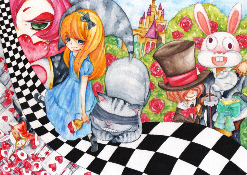 castle checkered checkered_floor cheshire_cat flower heart mad_hatter march_hare queen_of_hearts red_rose rose tea white_rabbit yukiyuu