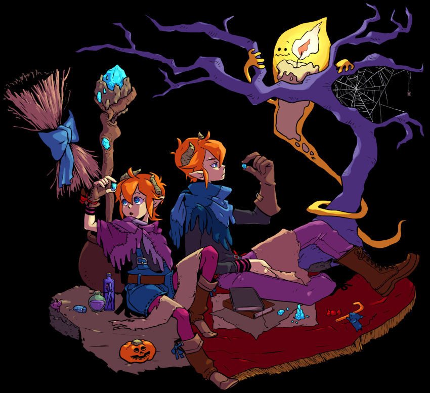 book boots bottle broom candle candy candy_cane carpet cauldron cowl dramatica gloves halloween highres horns leggings mouse orange_hair original pointy_ears potion short_hair spider spider_web spirit staff tree