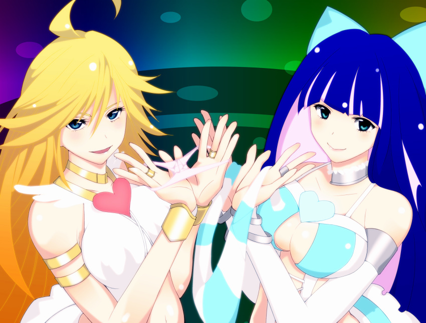 2girls bare_shoulders blonde_hair blue_eyes bracelet breasts choker cleavage coppelia dress heart jewelry large_breasts long_hair multicolored_hair multiple_girls panties panty_&amp;_stocking_with_garterbelt panty_(character) ring stocking_(character) striped striped_thighhighs thigh-highs two-tone_hair