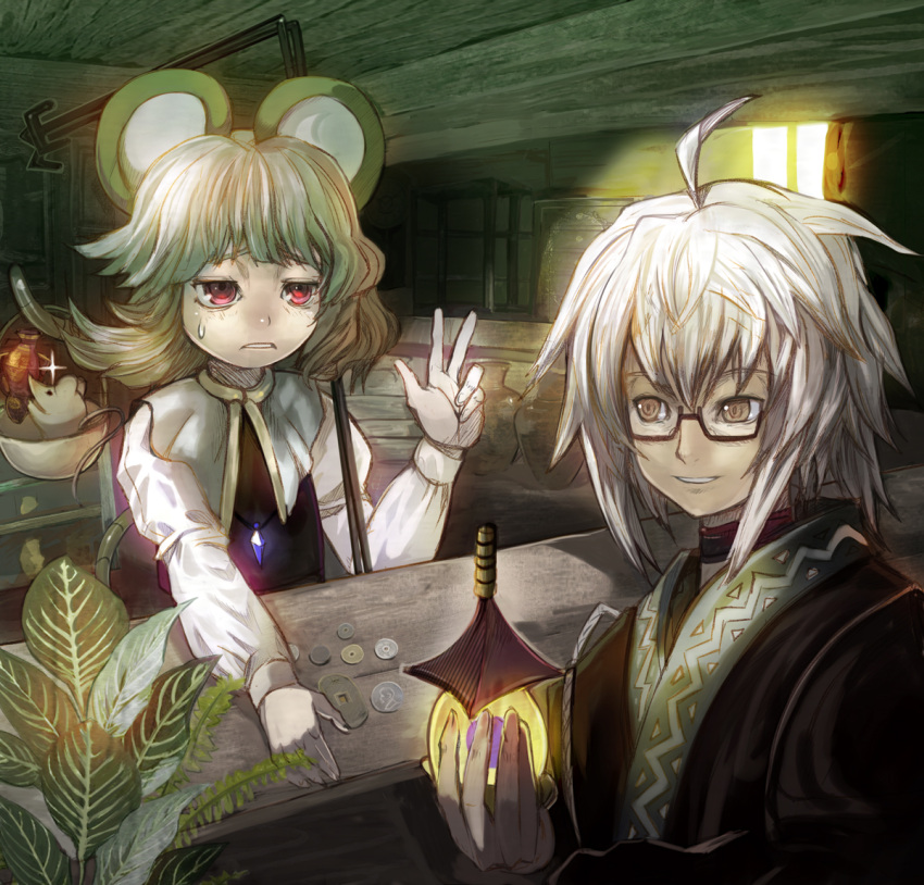 animal_ears coin glasses glowing grey_hair jeweled_pagoda jewelry kourindou morichika_rinnosuke mouse mouse_ears mouse_tail nazrin parody pendant red_eyes shope short_hair silver_hair style_parody tail touhou yellow_eyes