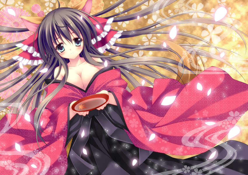 animal_ears blue_eyes blush bow brown_hair cherry_blossoms cleavage flower japanese_clothes miko original petals