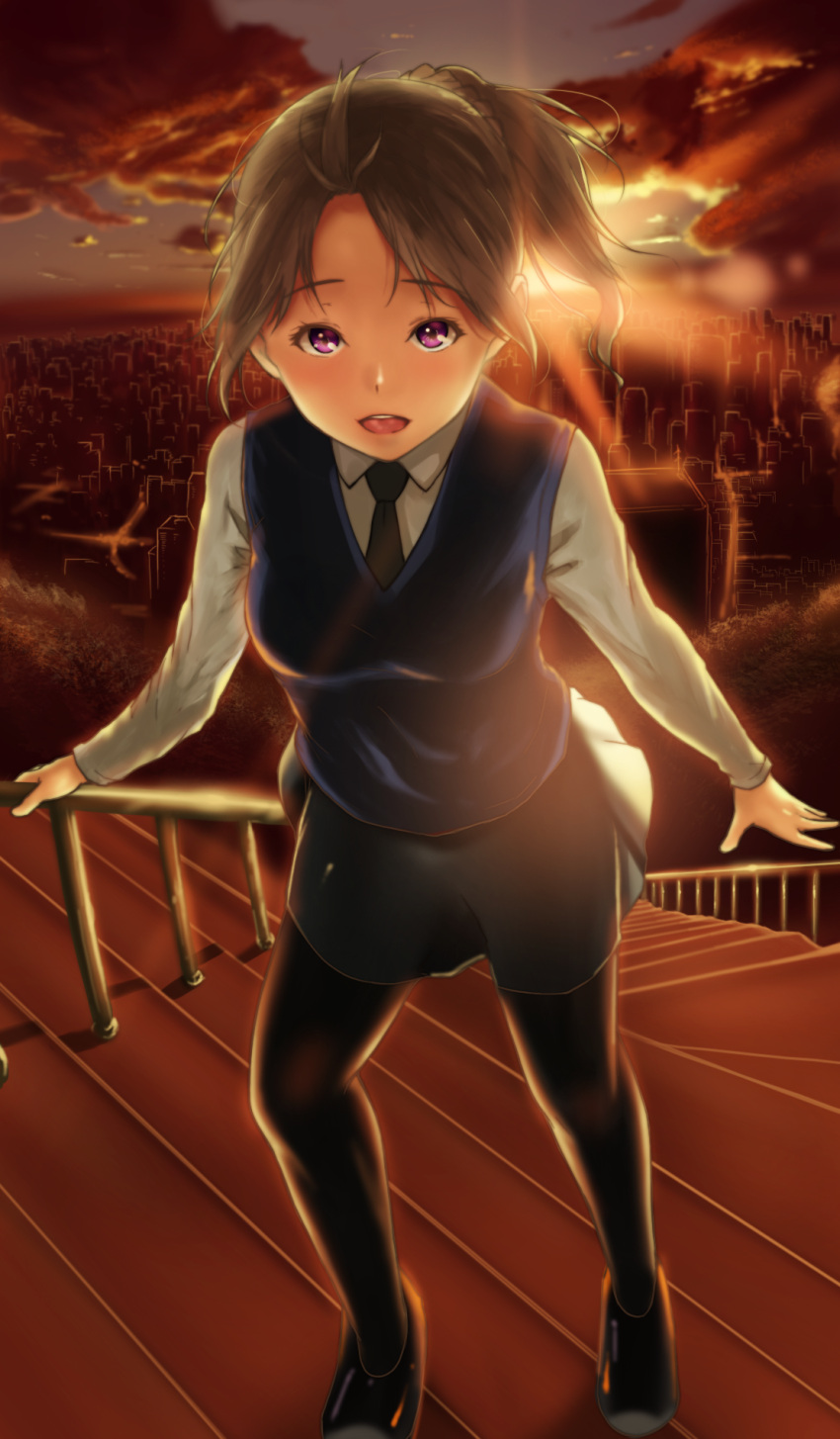 1girl :d backlighting black_legwear blush braid brown_hair city cityscape clouds cloudy_sky collared_shirt full_body goldowl highres long_sleeves looking_at_viewer open_mouth original outdoors pantyhose ponytail railing round_teeth shirt short_hair sky smile solo stairs standing sunset sweater_vest tareme teeth violet_eyes white_shirt