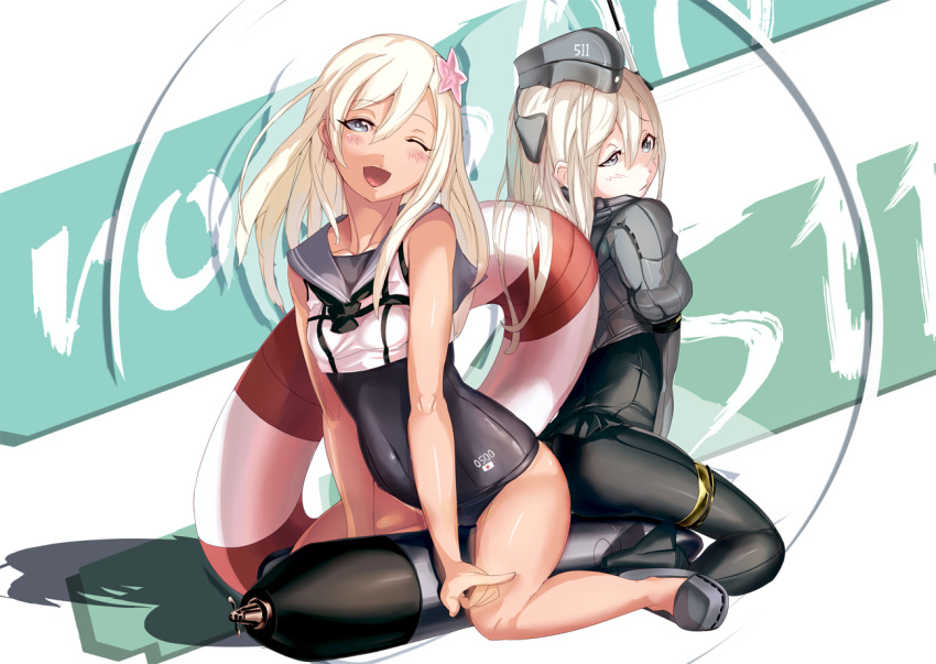 2girls back-to-back blonde_hair blue_eyes bodysuit crop_top dual_persona ere_(2516325) flower hair_flower hair_ornament hat kantai_collection long_hair multiple_girls one_eye_closed puffy_sleeves ro-500_(kantai_collection) sailor_collar school_swimsuit swimsuit swimsuit_under_clothes tan tanline torpedo u-511_(kantai_collection)