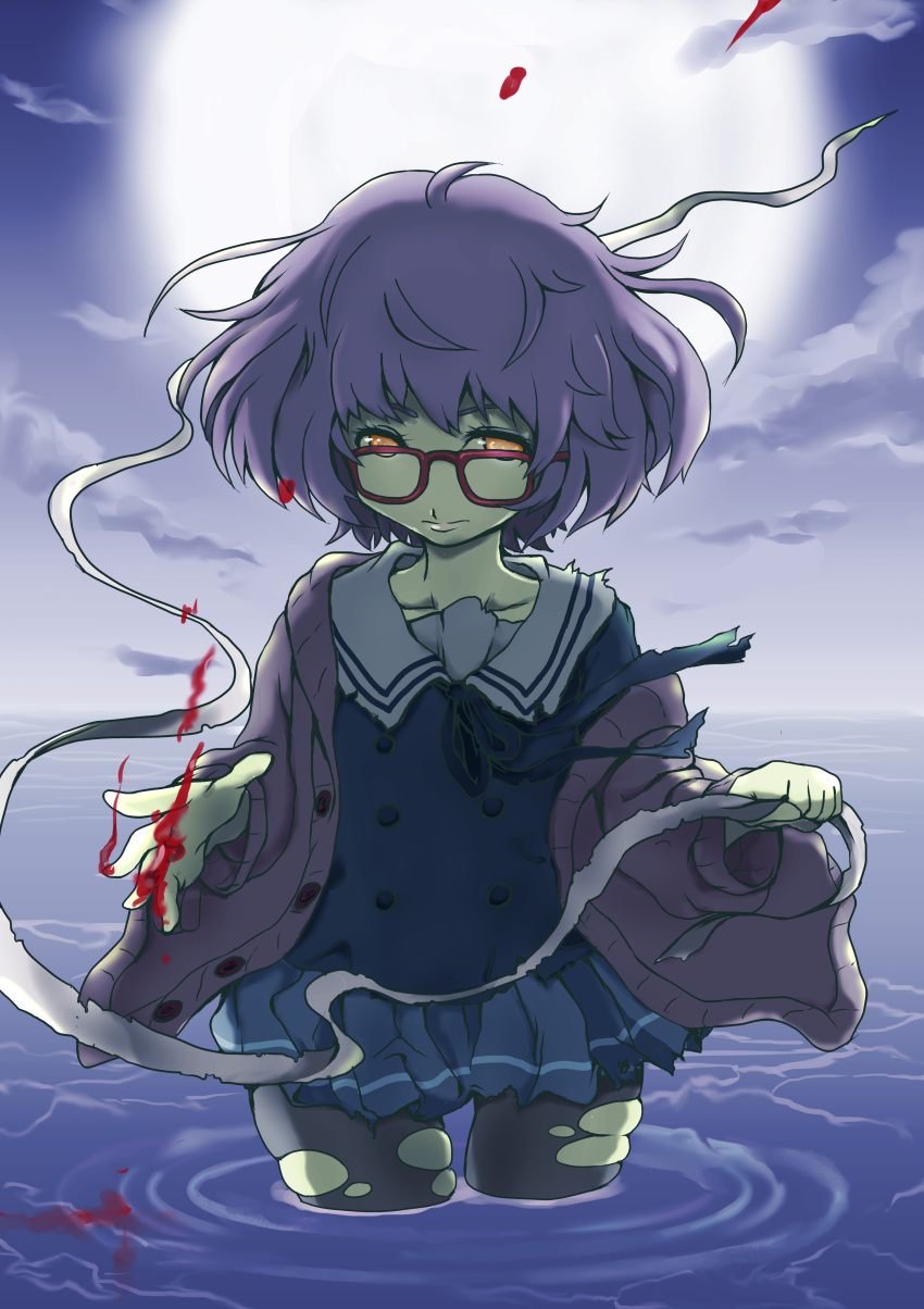 1girl absurdres blood cardigan flat_chest full_moon glasses highres kuriyama_mirai kyoukai_no_kanata moon open_cardigan open_clothes pantyhose pink_hair red-framed_glasses red_glasses school_uniform shirotateto short_hair skindentation solo torn_clothes torn_pantyhose wading water