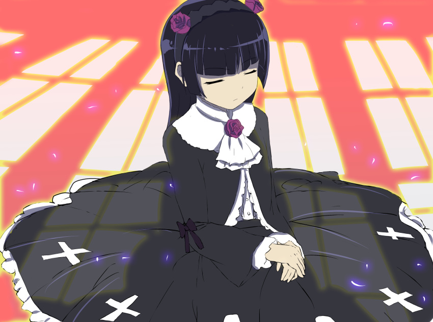 closed_eyes dress flower frills gokou_ruri gothic_lolita hairband highres lolita_fashion long_hair ore_no_imouto_ga_konna_ni_kawaii_wake_ga_nai purple_rose rose senya_fuurin sitting solo