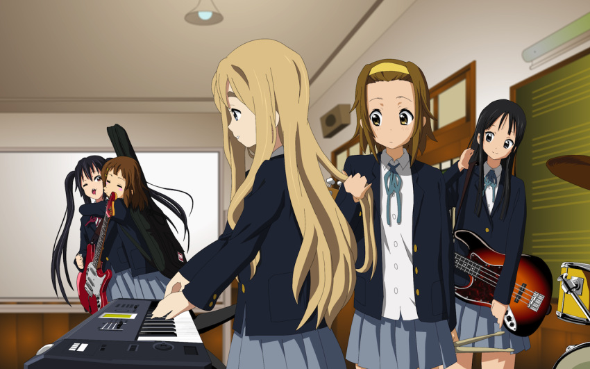 black_eyes black_hair black_legwear blonde_hair blue_eyes brown_eyes brown_hair closed_eyes drum drum_set drumsticks guitar hair_tussle hirasawa_yui hug instrument k-on! knives_(artist) kotobuki_tsumugi long_hair nakano_azusa pantyhose school_uniform short_hair synthesizer tainaka_ritsu twintails wallpaper