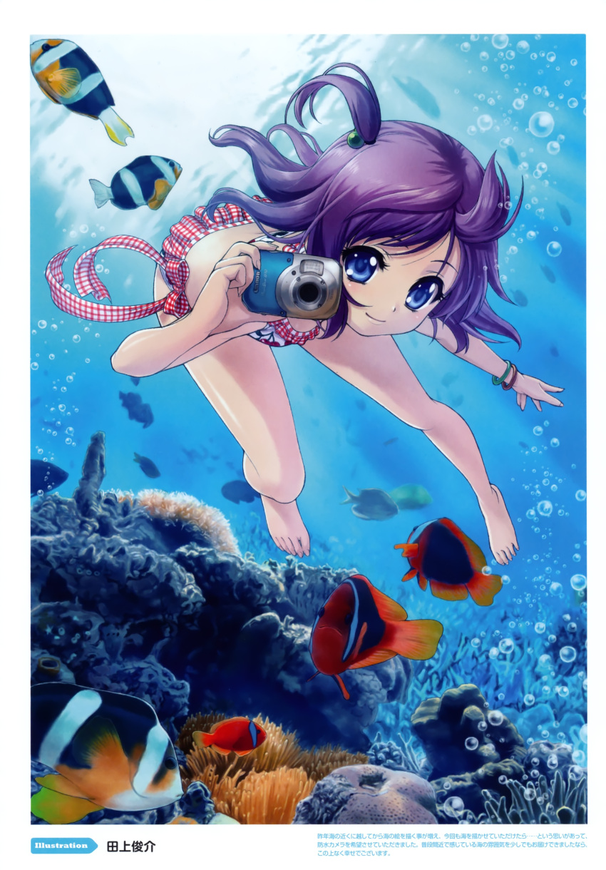 barefoot bikini blue_eyes bracelet camera coral fish freediving highres jewelry legs ocean purple_hair short_hair side_ponytail smile swimming swimsuit taue_shunsuke underwater