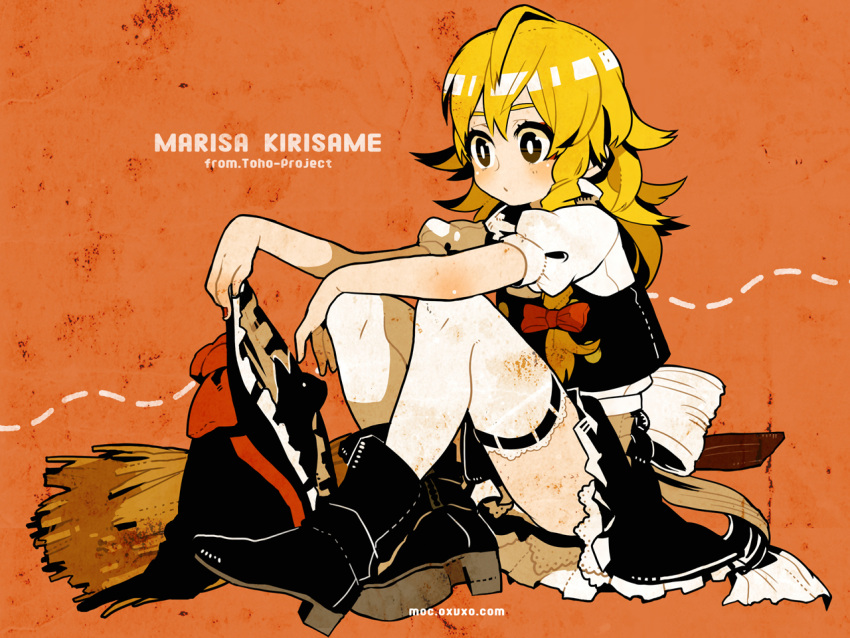 bad_id blonde_hair boots bow braid broom brown_eyes cat character_name hair_bow hal_(artist) hat kirisame_marisa long_hair sitting solo thighhighs touhou white_legwear witch witch_hat yellow_eyes